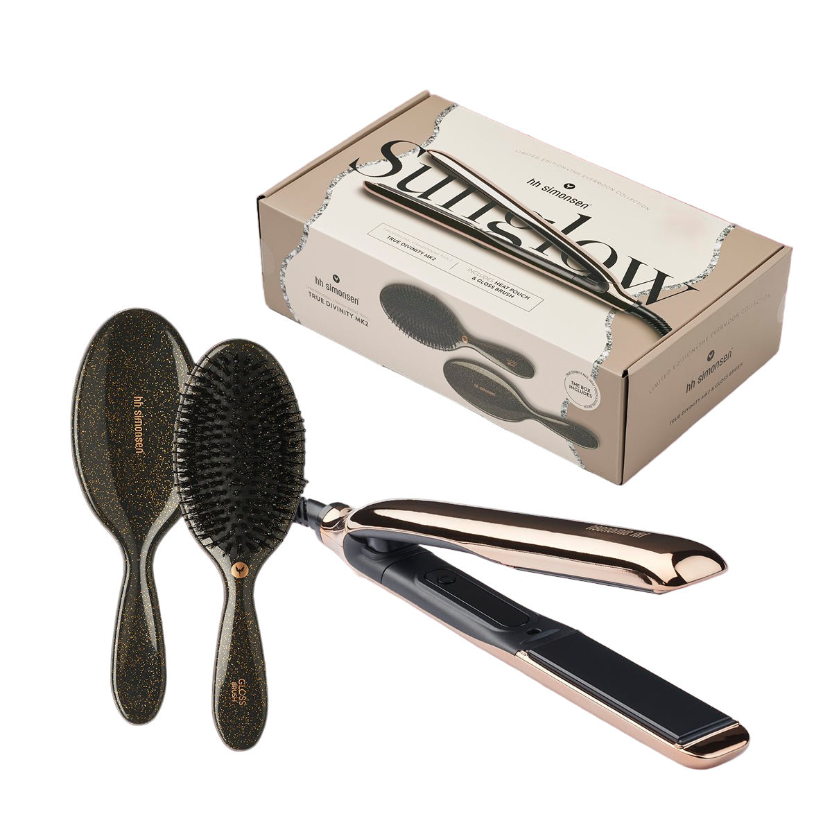 HH Simonsen Sunglow – GOLD - muotoilurauta + Gloss - hiusharja – Holiday 25 - Salonmarjoahola - Shop