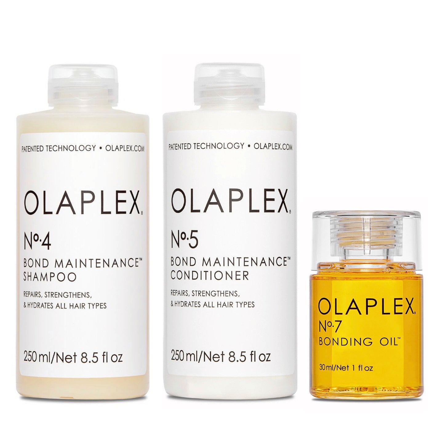 Olaplex Trio shampoo, hoitoaine ja öljy